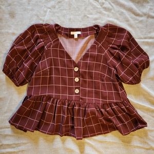 LC Lauren Conrad Ruffle Burnt Maroon Plaid Blouse Size XS
